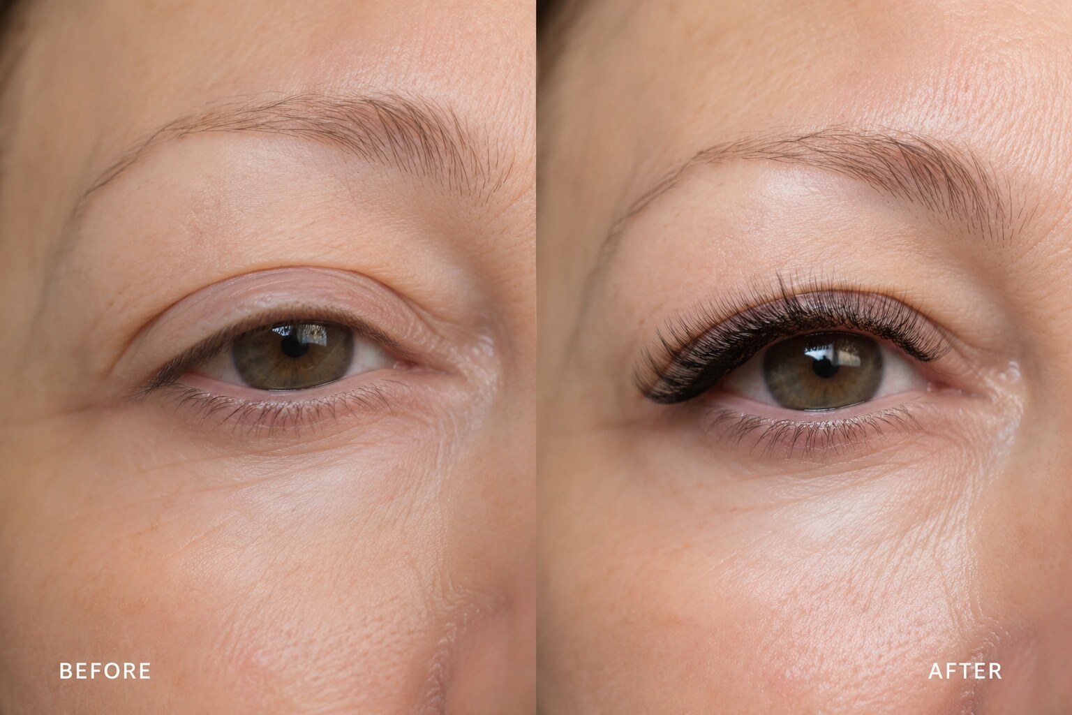Illustrative before and after showing eyelash extensions mapped for a hooded eye shape in Katy, Texas