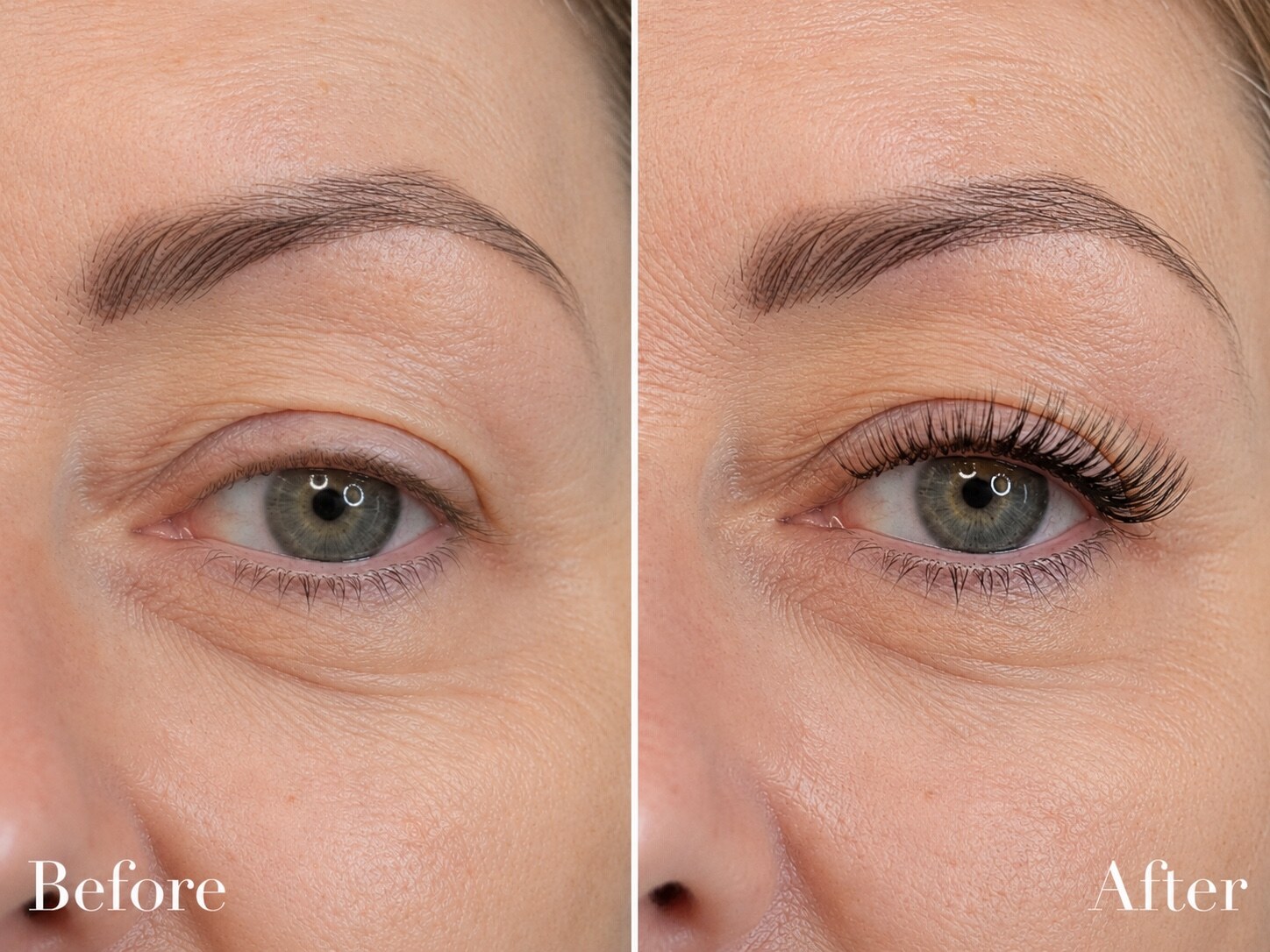 Illustrative before and after showing a lightweight lash map for mature hooded eyes in Katy, Texas